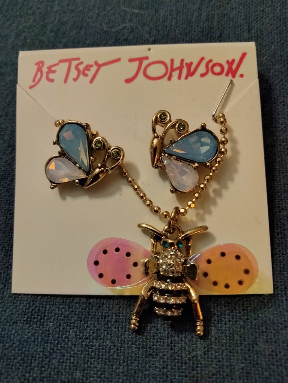 Betsey Johnson Blue & Opal Bee Necklace and Earrings Set